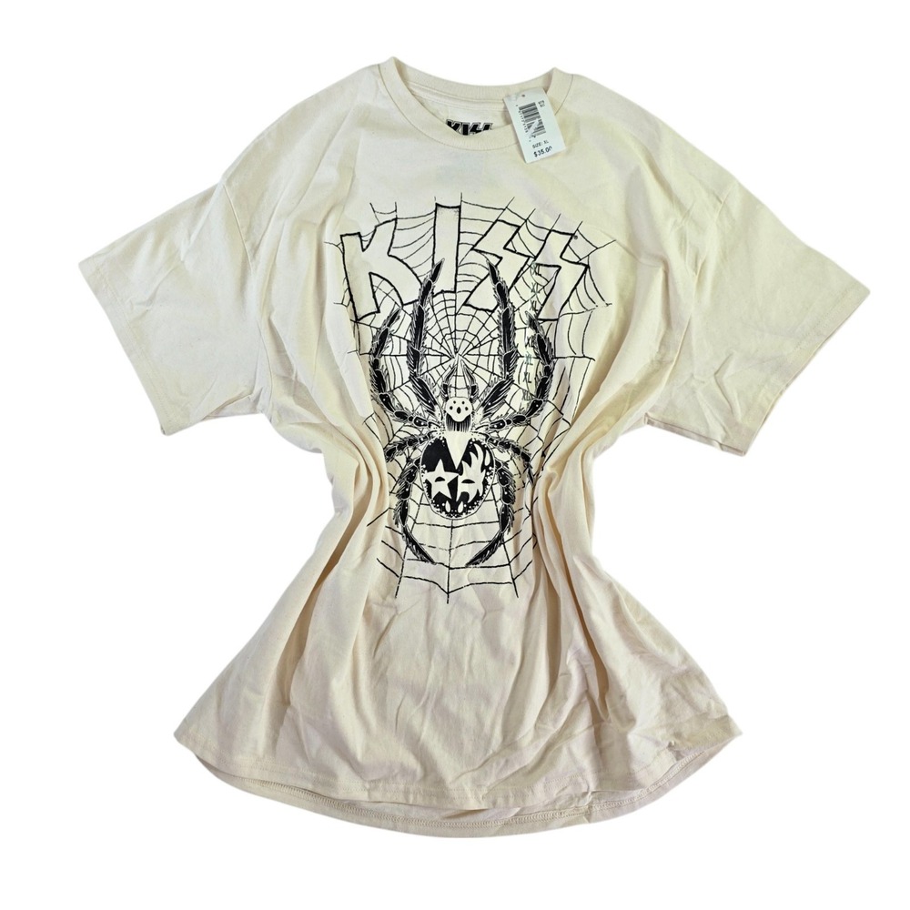 KISS Spider Web Graphic Tee XL Band Tour T-Shirt Beige Rock Vintage Style - Picture 3 of 6
